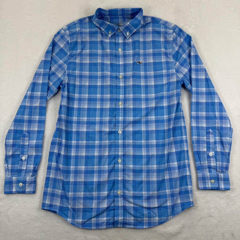 Vineyard Vines Boys Blue Plaid‎ Performance Button Down Shirt Size M 12-14